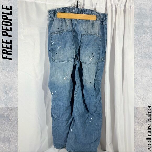 FREE PEOPLE MODERN LOVE PULL ON JEANS BLUE MOTIF PAINT SPLATTER MEDIUM NEW - Picture 8 of 8
